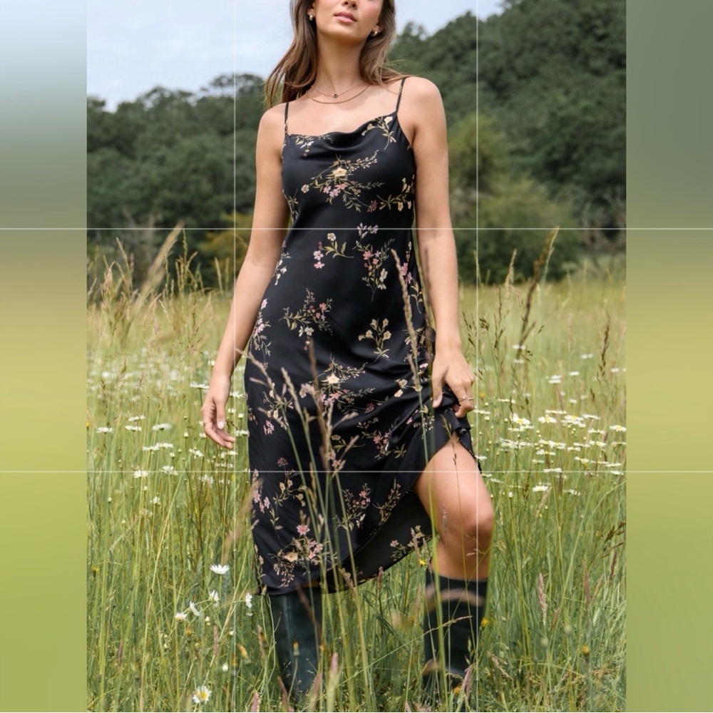 90s Y2k Women’s Black Floral Satin  Coquette Whimsigoth Midi Slip Dress XXS NWT